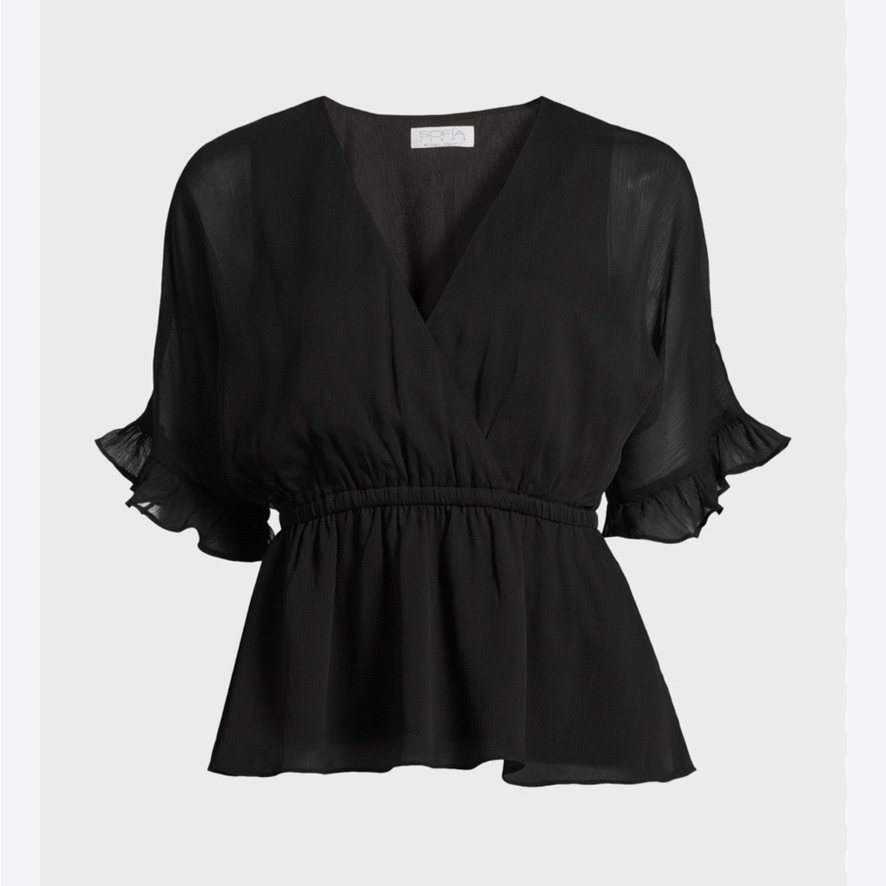 Sophia Vergara Black V-Neck Blouse with Ruffle Details